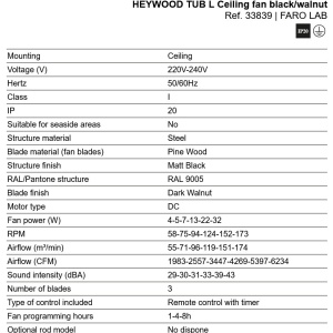 Ventilator tavan cu telecomanda HEYWOOD TUB L negru/nuc - Img 6