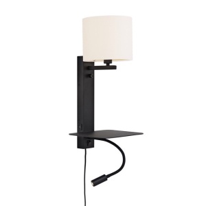 Aplica cu raft, reader LED, mufa USB si abajur textil alb Florence