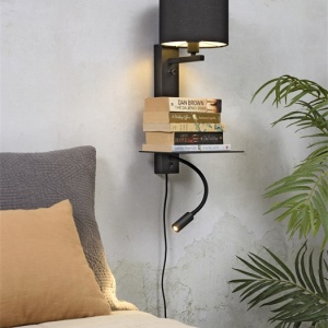 Aplica cu raft, reader LED, mufa USB si abajur textil negru Florence 192817 universul-luminii.ro