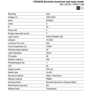 Aplica cu reader LED directionabil stil minimalist CRONOS aluminiu - Img 5