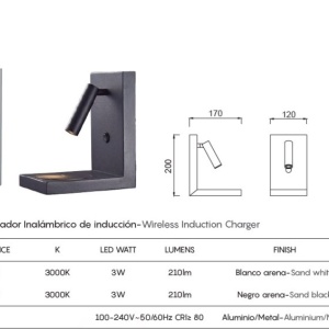 Aplica cu reader LED, incarcator wireless ZANZIBAR negru - Img 3