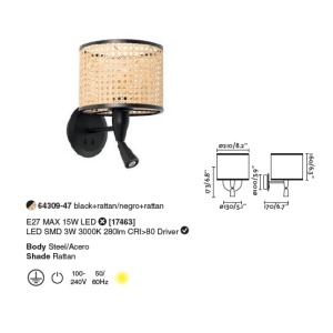 Aplica cu reader LED moderna design natural MAMBO negru/ratan 90577 universul-luminii.ro