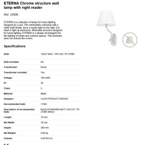 Aplica cu reader LED pe dreapta design elegant ETERNA crom/alb 190017 universul-luminii.ro