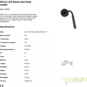 Aplica cu reader LED stil modern minimalist KALE neagra 62703 58767 universul-luminii.ro