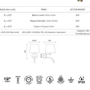 Aplica de perete cu reader LED CAICOS nickel satinat - Img 3