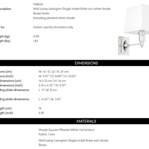 Aplica de perete moderna LUX, finisaj nickel cu abajur alb, Lexington Single 108634 HZ 182467 universul-luminii.ro