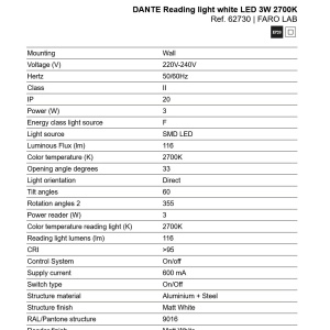 Aplica LED cu reader directionabil DANTE alba 3W 2700K - Img 7