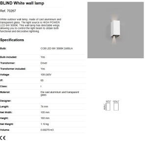 Aplica LED de exterior ambientala design modern IP54 BLIND alba 82497 universul-luminii.ro