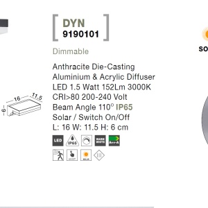 Aplica LED solara de exterior cu senzor miscare IP65 DYN 190627 universul-luminii.ro