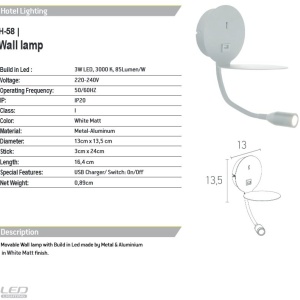 Aplica moderna cu suport, USB Charger, brat flexibil cu reader LED Hotel 154987 universul-luminii.ro