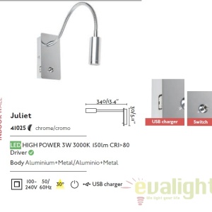 Aplica perete LED cu reader si USB charger JULIET 41025 55947 universul-luminii.ro