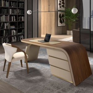 Birou cu design modern din lemn furniruit si piele sintetica Cream - Img 5