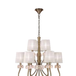 Candelabru clasic cu 9 brate LOEWE antique brass/ abajur alb 219797 universul-luminii.ro