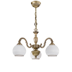 Candelabru cu 3 brate clasic design italian din alama, sticla 9200 RA-L. 9200/3
