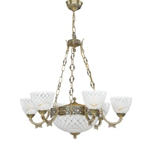 Candelabru cu 6 brate clasic design italian din alama, sticla 7052 RA-L. 7052/6+2