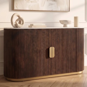 Comoda design retro Gatsby 120m, lemn maro cu marmura alba