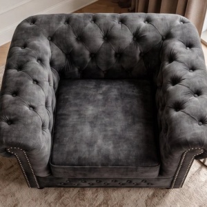 Fotoliu clasic stil englezesc Chesterfield, catifea gri antic - Img 4