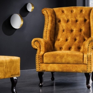 Fotoliu stil englezesc Chesterfield, catifea galben mustar - Img 4