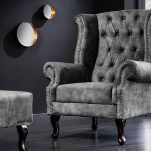 Fotoliu stil englezesc Chesterfield, catifea gri - Img 4