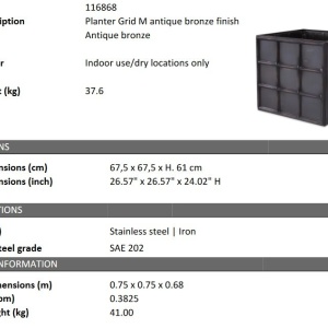 Ghiveci, Vas decorativ din otel inoxidabil Grid M bronz vintage - Img 2
