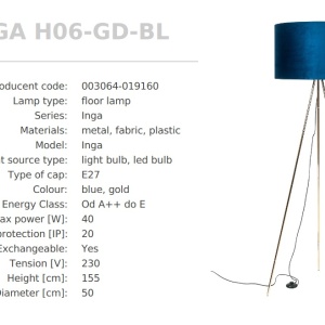Lampadar cu trepied design modern INGA auriu/ albastru H06-GD-BL ZL - Img 2
