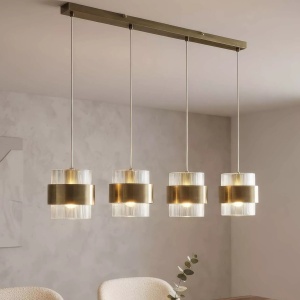 Lustra cu 4 pendule din metal alama antic si sticla canelata Royal
