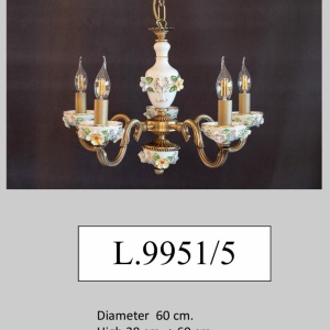 Lustra design italian cu 5 brate din alama si portelan colorat 9951 - Img 2