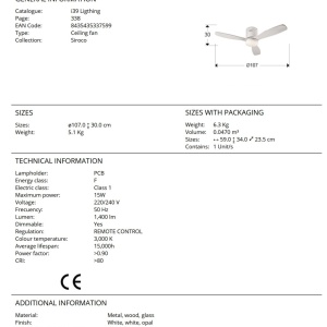 Lustra LED cu Ventilator si telecomanda Siroco MINI alb 219737 universul-luminii.ro
