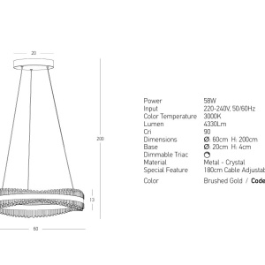 Lustra LED suspendata, metal auriu periat si cristale, Crystalline 60cm - Img 2