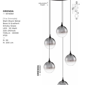 Lustra moderna cu 5 pendule LED, Metal, Sticla, Fumuriu, ORENDA 168537 universul-luminii.ro