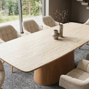 Masa dining Ceramica travertin, Furnir stejar, UNIQUE 200cm - Img 3