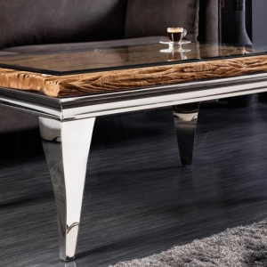 Masuta de cafea, Lemn de Tec, Sticla, Otel Crom, MODERN BAROCK BARRACUDA 100cm - Img 6