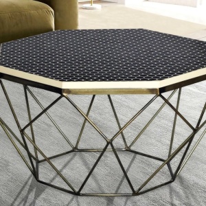Masuta de cafea rotunda, Mozaic incrustat, Alb-Negru, DIAMOND BONE INLAY 70cm - Img 2