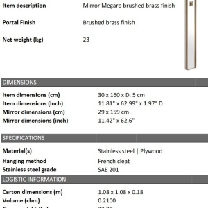Oglinda decorativa design LUX Megaro Brushed brass 30x160cm - Img 2