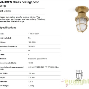 Plafoniera / Lampa de exterior din alama stil clasic MAUREN 70993 55847 universul-luminii.ro