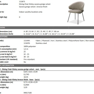 Scaun tapitat design LUX Kinley, catifea savona greige 115875 HZ - Img 6