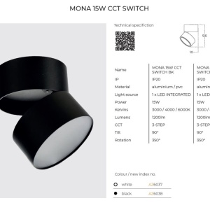 Spot LED aplicat reglabil MONA 15W CCT SWITCH alb - Img 2