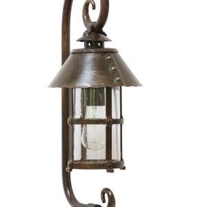 Stalp piedestral iluminat exterior design medieval cu felinar rotund si acoperis nituit, din fier forjat, inaltime 60cm, AL 6535 64007 universul-luminii.ro