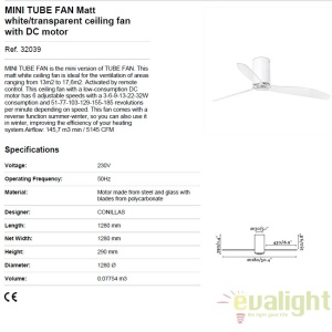 Ventilator de tavan modern cu telecomanda MINI TUBE FAN alb mat/transparent 32039 48697 universul-luminii.ro