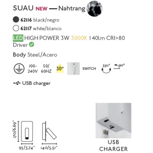 Aplica cu reader LED minimalista cu USB charger SUAU Black 56118 universul-luminii.ro