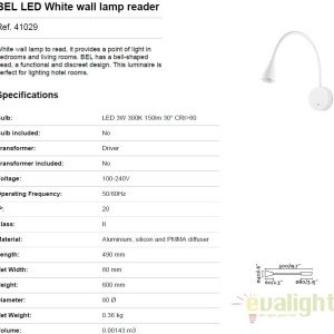 Aplica cu reader LED stil modern minimalist BEL alba 41029 42658 universul-luminii.ro