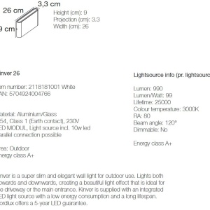 Aplica LED de perete pentru iluminat exterior modern, IP54 Kinver 26 alb 2118181001 NL 196958 universul-luminii.ro