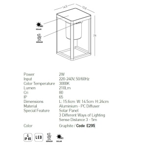 Aplica LED solara de exterior cu senzor de miscare IP65 Kori 154208 universul-luminii.ro