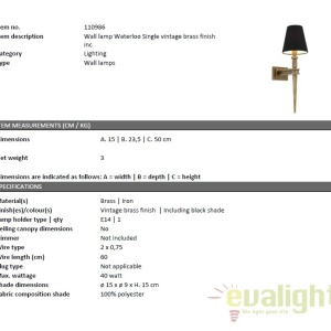 Aplica LUX din alama finisaj vintage, Waterloo Single 110986 HZ 66568 universul-luminii.ro