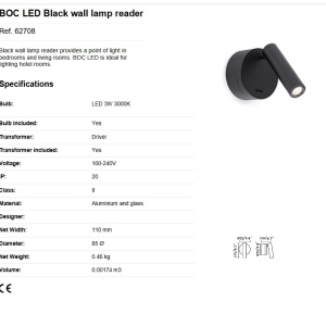 Aplica moderna cu reader LED design minimalist BOC neagra 83438 universul-luminii.ro