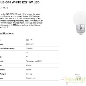Bec LED E27 G45 ALB 1W 4000K 17471 52148 universul-luminii.ro