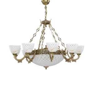 Candelabru cu 10 brate clasic design italian din alama, sticla 7052 RA-L. 7052/10+4