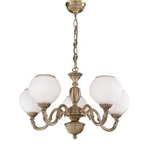Candelabru cu 5 brate clasic design italian din alama, sticla 9250 RA-L. 9250/5