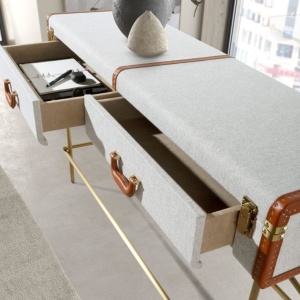 Consola LUX design italian, Tesatura gri deschis, Piele, Metal Golden - Img 6
