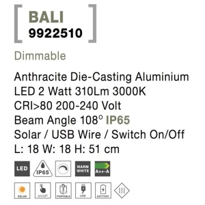 Lampa LED solara portabila pentru iluminat exterior IP65 BALI H-51cm 190598 universul-luminii.ro